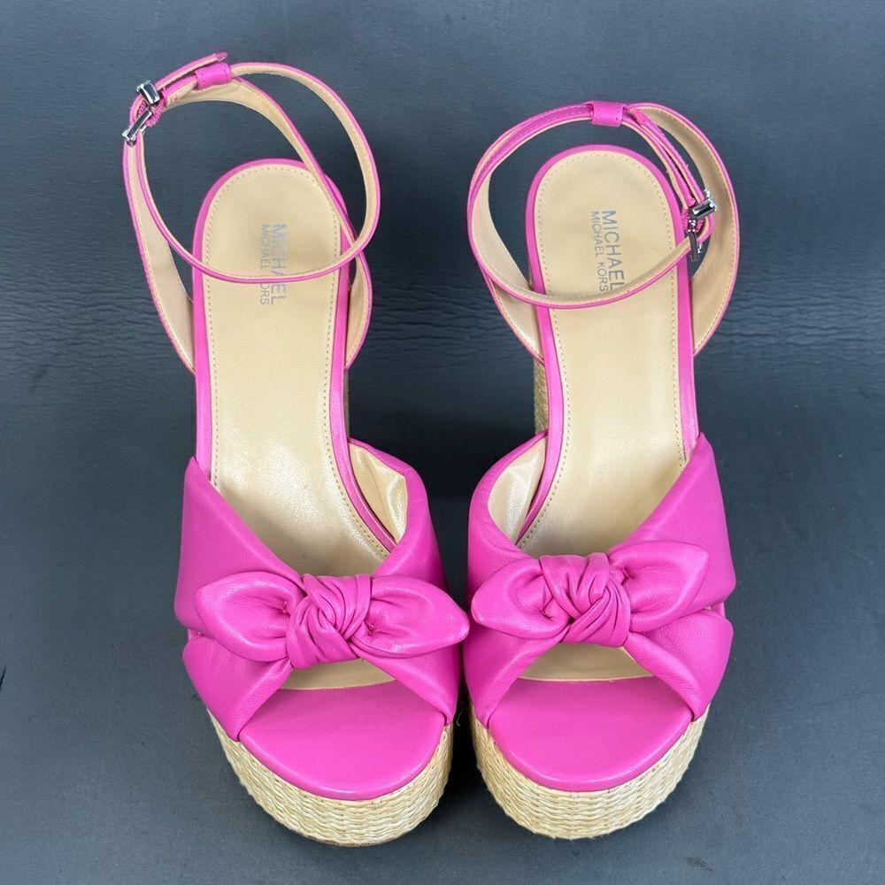 Womens Michael Kors Sadie Hot Pink Bow Heels Ankle Strap Leather sandals size 9 - Picture 2 of 9